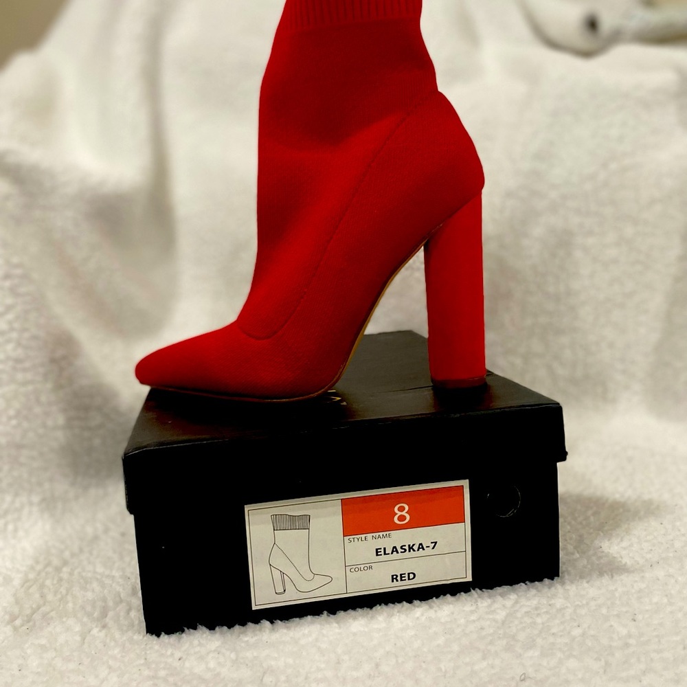 High boot sock red  high heels , almond toe , boots ,